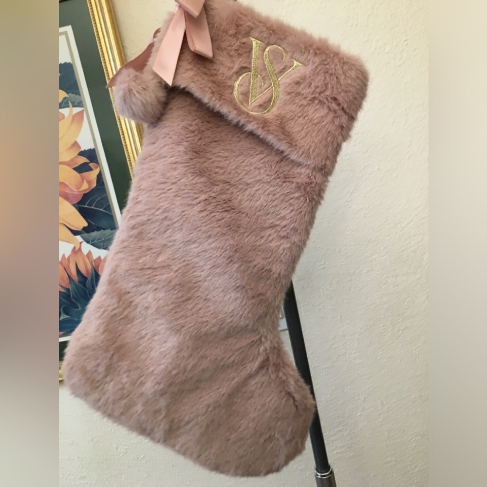 Victoria’s Secret Pink Faux Fur Christmas Stocking with Gold Accent